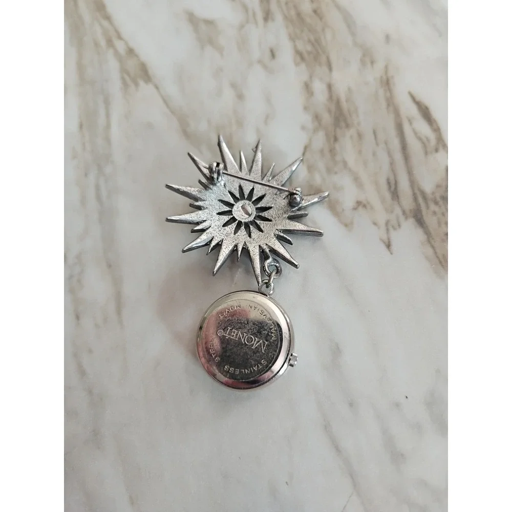 Vtg Monet Hanging Dangle Watch Silver Tone Starburst Brooch Pin‎ Needs Battery